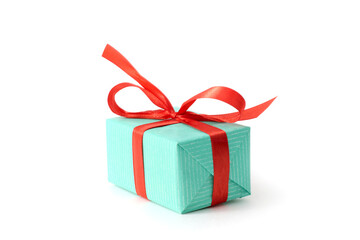 A gift box adorned with a decorative bow, set against a crisp white background, ideal for holidays and special moments.