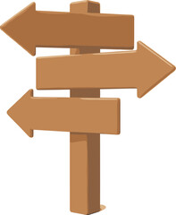 Wooden directional signpost vector illustration, blank arrows pointing left right and down, rustic travel signage for choice and navigation themes