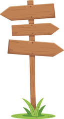 Wooden direction signpost on grass, empty arrow signs, vector road guide, cartoon navigation board, isolated travel element, path direction concept