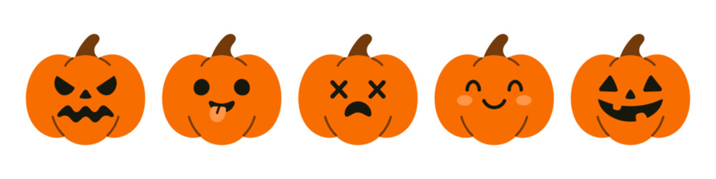 Vector halloween spooky pumpkin set in flat design. Cute orange vegetables. Adorable clipart for autumn, thanksgiving and seasonal decoration. Funny jack o lantern collection.