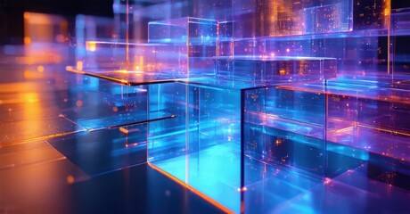 Abstract digital structure. Glowing lines form cubic shapes, vibrant blue, orange, purple hues dominate dark background. Futuristic concept.