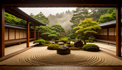 Zen Garden Raked Sand Stones . Religion concept. Generated Image