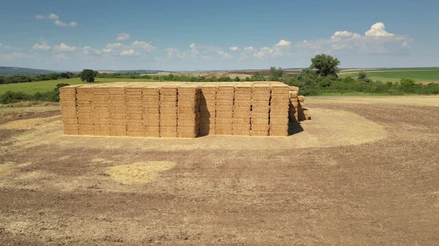 Drone aerial view of stacked rectangular hay bales collected after harvest on farmland, showcasing agricultural production, crop residue management, livestock feeding, and countryside rural environmen