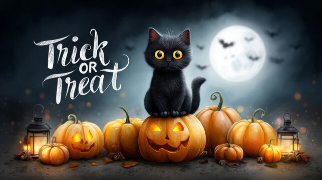 A charming Halloween scene featuring a black cat perched on carved pumpkins, glowing lanterns, and a full moon with bats. Vibrant, spooky, and festive digital art style.