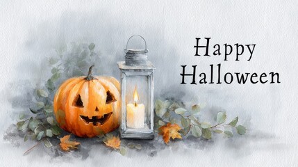 Soft watercolor illustration of a smiling jack-o’-lantern beside a glowing lantern, autumn leaves, and “Happy Halloween” text - cozy, elegant seasonal greeting.