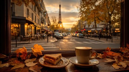 Warm autumnal cafe view with a cup of coffee and a sandwich, showcasing a Parisian street scene at sunset.