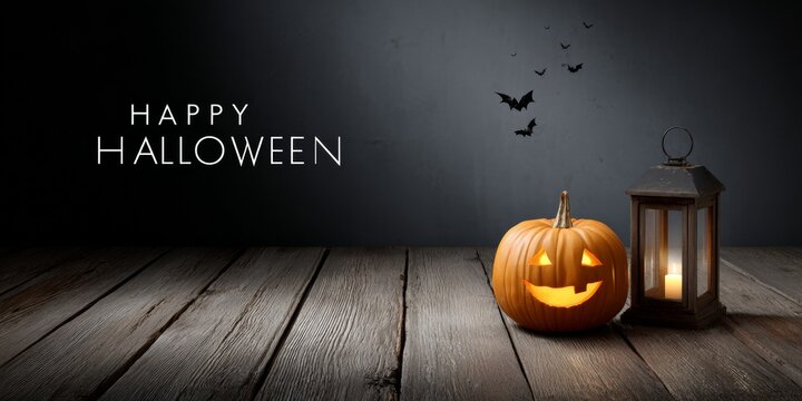 Carved pumpkin jack-o'-lantern with glowing candle and rustic wooden lantern on dark wooden table with flying bats and "Happy Halloween" text