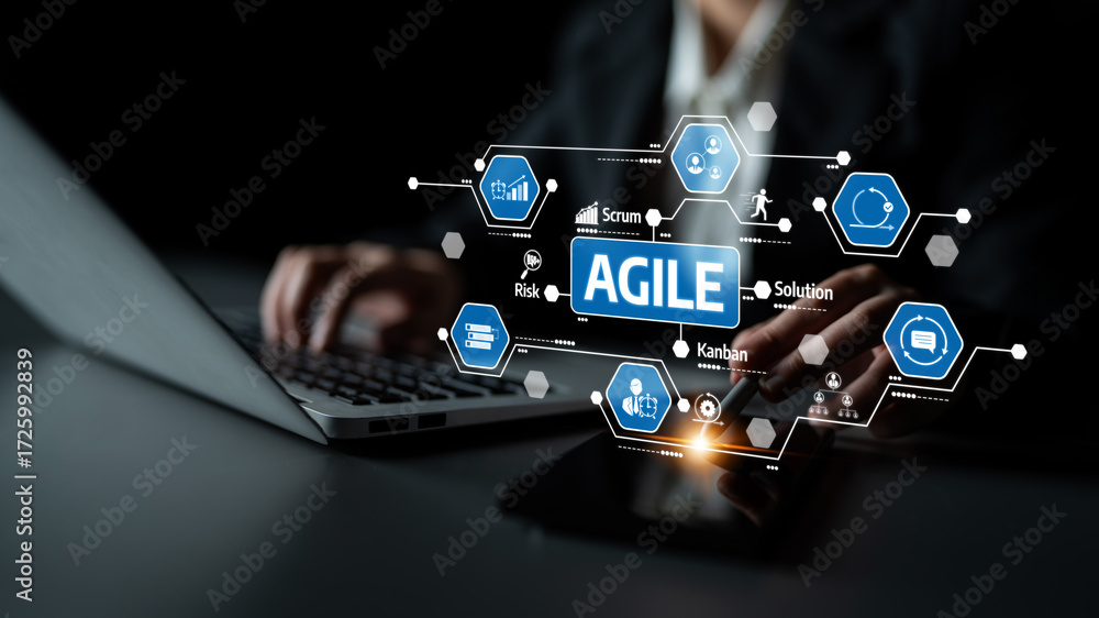 Poster a business professional engages with a laptop and tablet, showcasing agile project management tools 