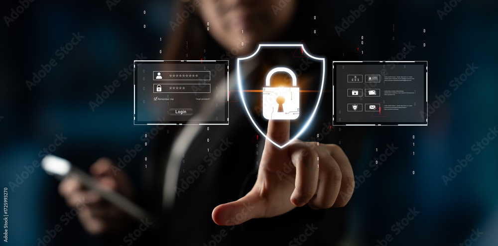 Poster cyber security protects against breaches, hacks, and network attacks using strong infrastructure and