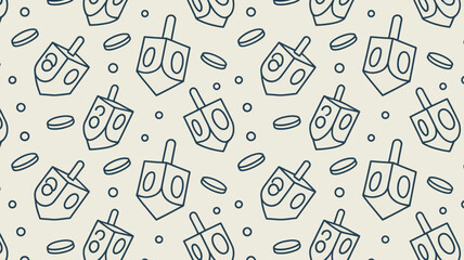 Repeated dreidels and coins arranged in a seamless pattern on a light cream colored background design