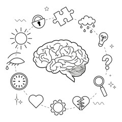 Line art illustration of human brain surrounded by icons of heart, broken heart, puzzle, clock, magnifier, light bulb, and weather symbols. Concept of psychology, emotions, and mental health.