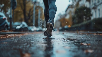 A runner's shoe strikes a puddle on a wet street creating splashes and reflections on the ground during rain