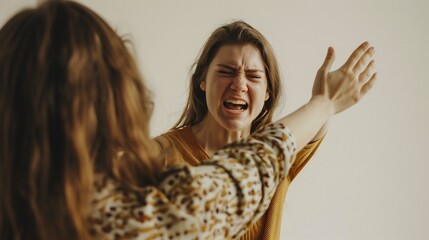 A woman with arms raised and mouth open yelling at another person during a heated confrontation