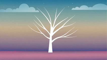 Stylized bare tree silhouette against a gradient sky with clouds and stars