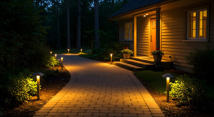 A home with path lights guiding the way in the dark