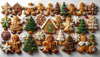Variety of gingerbread cookies, snowflake, tree, and house shapes on a white background