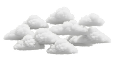 A cluster of soft, fluffy white clouds floats gently against a pure white background, evoking a sense of calm, lightness, and the peaceful beauty of a tranquil sky in minimalist style.

