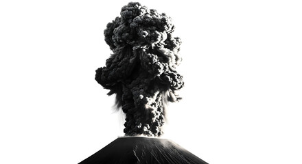 Powerful volcanic eruption with a massive ash cloud billowing skyward, captured in stark black and white, highlighting the raw force and dramatic spectacle of nature’s fury.

