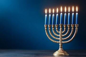 Fototapeta premium Hanukkah menorah displaying nine lit blue candles, symbolizing the festival of lights tradition and celebrating the jewish holiday spreading warmth and faith