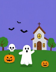 Cute Halloween scene with a ghost, pumpkins, and a church