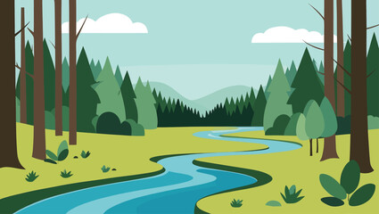 Flat design landscape of a winding river flowing through a forest and meadows