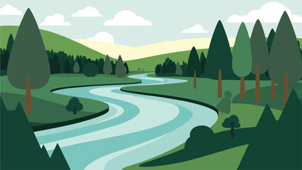 Stylized landscape with winding river and green trees