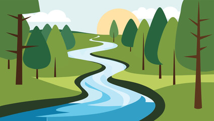 Stylized illustration of a winding river flowing through a green forest landscape with a sun and clouds