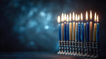 Menorah with nine lit blue and white candles symbolizing the jewish holiday of hanukkah, bringing light and tradition against a dark, bokeh filled background