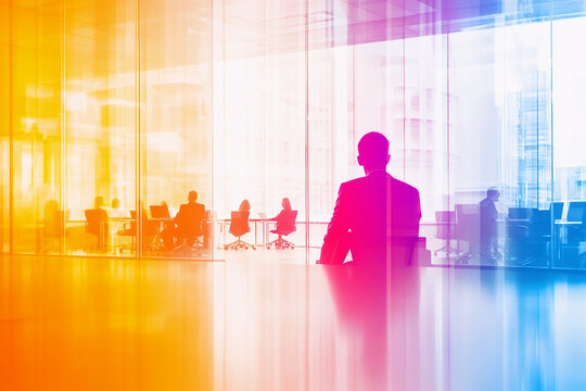 A worker in a coworking space surrounded by transparent silhouettes of competitors