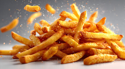 Golden Crispy French Fries Flying in the Air with Salt Particles
