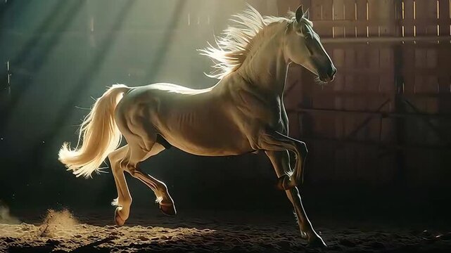 Golden Horse Running in Sunlight Rays Inside Arena