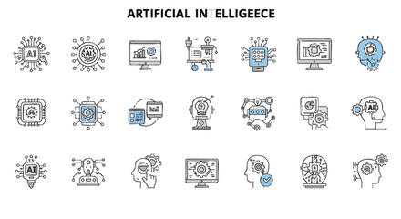 A collection of 21 line art icons representing various aspects of artificial intelligence and machine learning.