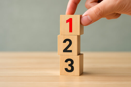 Hand stacking wooden cubes numbered one, two, and three, illustrating sequential order, priority, progress, ranking, or a simple step-by-step process for goal achievement
