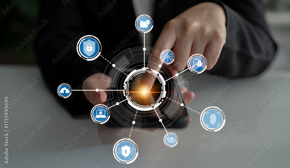 Poster a close-up view of a person using a touchscreen device, surrounded by digital icons representing dat