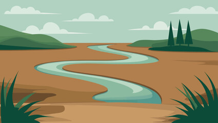 Stylized landscape with a winding river flowing through rolling hills and clouds