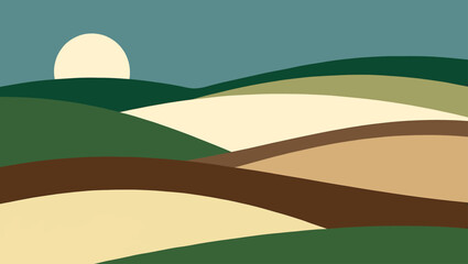 Stylized rolling hills landscape with a sun and muted earth tones