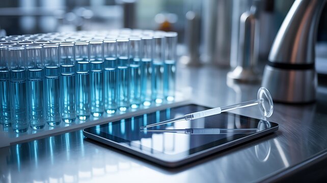 Laboratory Test Tubes and Pipette on Tablet