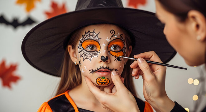 Girl in witch hat getting Halloween face paint, spiderweb and pumpkin designs.  Autumnal background, festive preparation