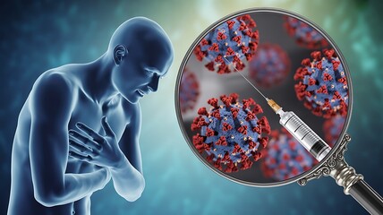 Man with Chest Pain and Magnified Coronavirus and Syringe