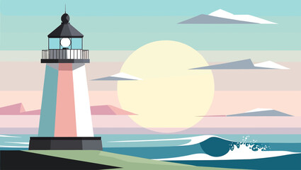 Stylized lighthouse on a coastline with a large sun and ocean waves