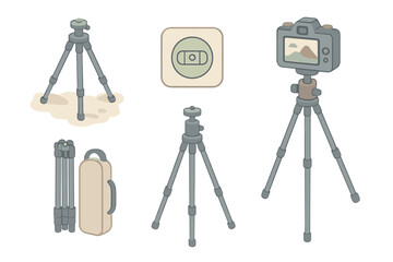 Photography Tripod Setup. Isometric vector illustration set Photography Tripod Setup: tripod on uneven ground, bubble level