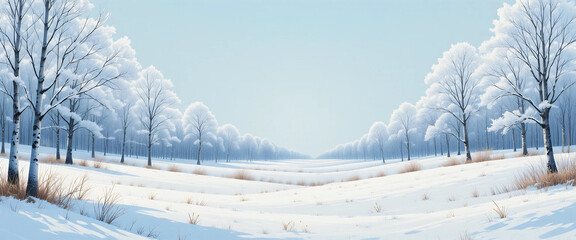 Bright snowy meadow with silver birch trees, soft blue-gray palette, glossy pencil texture, clean header design.