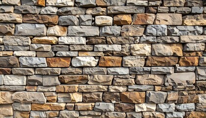 Fototapeta premium Stacked stone wall featuring warm hues of brown, tan, and gray