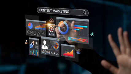 Content marketing interface with data dashboards, analytics charts, and content tools. Marketing success comes from content performance, content planning, and marketing optimization. Spline