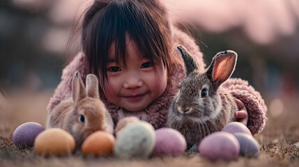 Little Girl Playing with Easter Eggs and Rabbits Outdoors