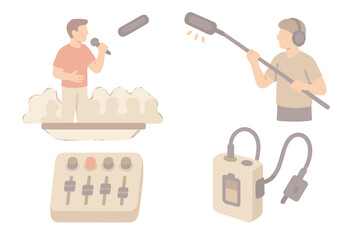 Live Event Audio Setup. Isometric vector illustration set Live Event Boom Audio Capture: boom mic above stage performer, sound