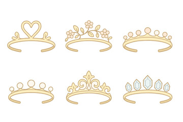 Elegant Tiara Collection. Isometric vector illustration set Wedding Tiara Design Variations: heart-shaped crown design, floral