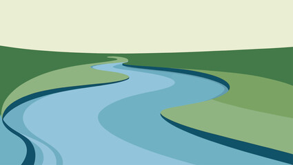 Stylized illustration of a winding blue river flowing through green hills under a pale sky