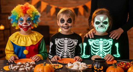 Three children in Halloween costumes, a clown, and two skeletons, sit at a table with treats.  The image evokes a festive Halloween celebration, capturing childhood joy and spooky fun
