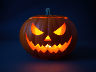 Fototapeta premium Carved halloween pumpkin glowing in dark setting